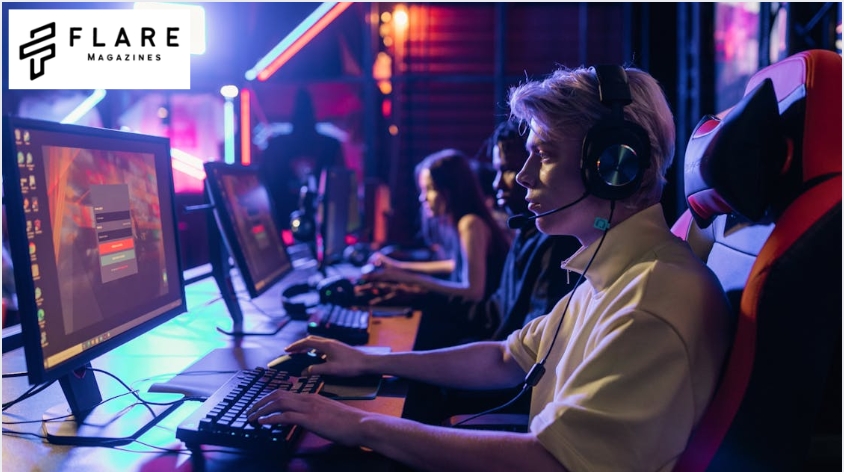 Two young gamers checking gaming news on phones in a college dorm